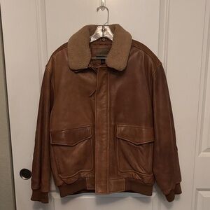 Cabela's Tan Leather Bomber Jacket with Shearling Collar